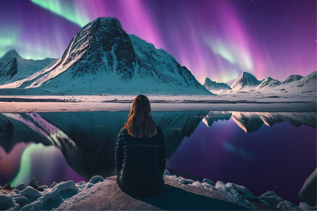 A woman facing a snowy mountain and the aurora borealis reflecting on a lake