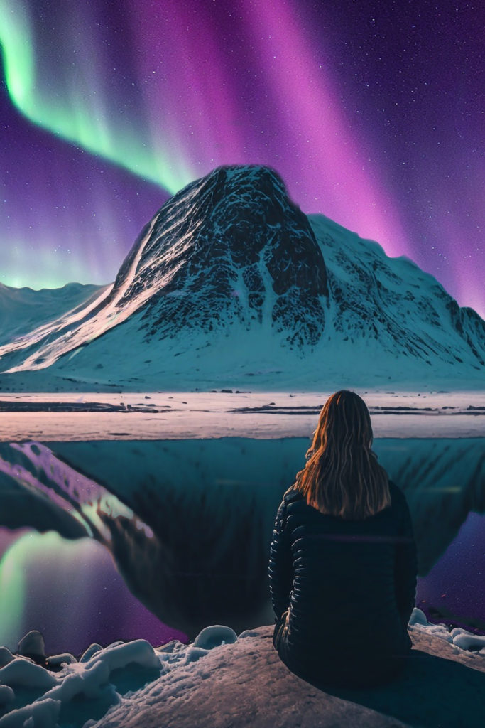 A woman facing a snowy mountain and the aurora borealis reflecting on a lake