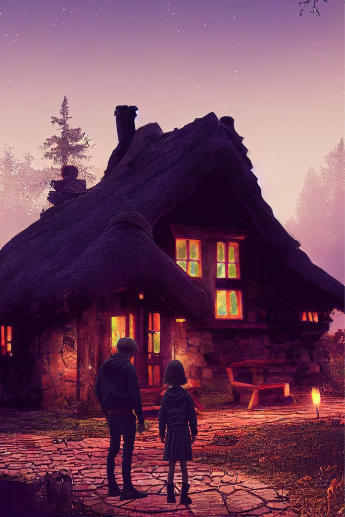 Dark cabin with lights in windows, in a purple forest, with a tall boy and short girl standing in front facing the cabin